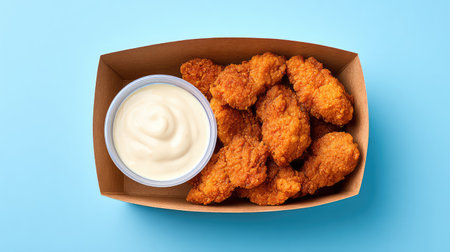 Chicken poppers with ranch dip in cardboard tray on pastel background and copy spaceの素材