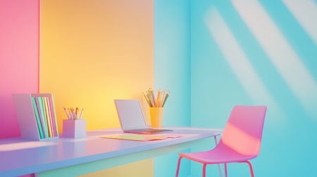Trendy workspace with color accents, clean desk setup, inspirational decor, and empty background area for copy spaceの素材