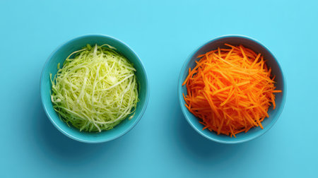 Clean top-down image of shredded cabbage and carrots in bowls with room for brandingの素材