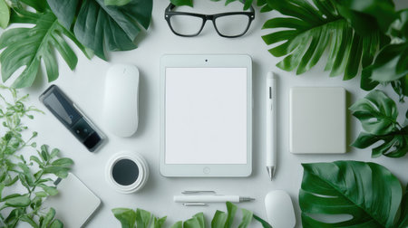 Top view of smart devices and tech accessories neatly arranged with center area left blank for online copyの素材