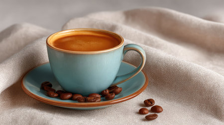 Coffee cup and saucer with freshly ground coffee beans scattered around on a natural linen cloth with copy spaceの素材