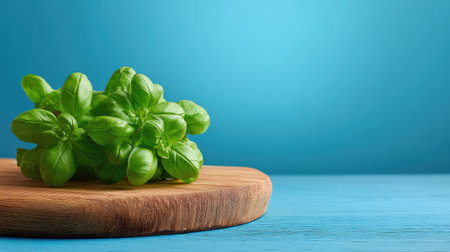 Close-up of fresh basil on wooden chopping board with copy space to the sideの素材