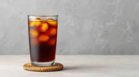 Cold brew coffee with ice cubes in a glass tumbler on light background with layout areaの素材