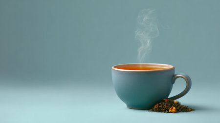 Cup of herbal tea with steam rising and dried herbs beside it, with a clean background spaceの素材