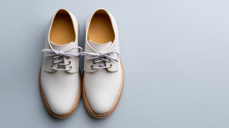 Clean flat lay of white leather shoes with visible stitching and negative space aroundの素材