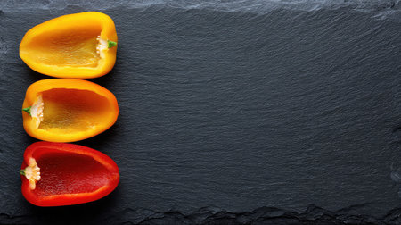 Colorful bell peppers sliced open on a slate board with empty space around the edge for layoutの素材