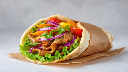 Doner kebab wrap placed on parchment paper with sliced veggies and white backgroundの素材