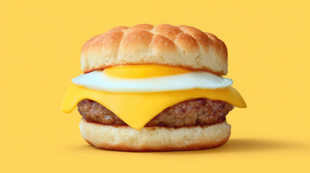 Fast food breakfast sandwich with egg, sausage, and cheese on biscuit, surrounded by open backgroundの素材