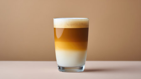 Iced latte in clear glass showing coffee layers on neutral background with copy spaceの素材