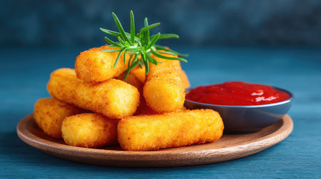 Deep fried mozzarella sticks on plate with marinara dip and copy space to the rightの素材