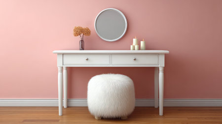 Feminine white dressing table with fur stool and pastel walls, styled with candles and free spaceの素材