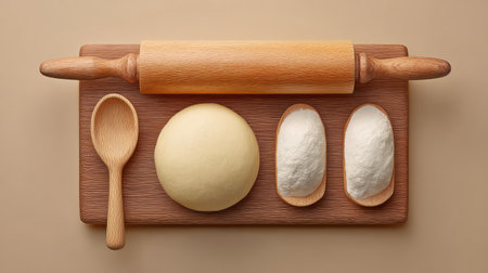 Flat lay of baking utensils with rolling pin and dough on wooden board with clean backgroundの素材
