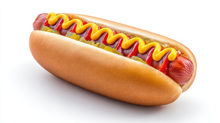 Hot dog with mustard, ketchup, and relish in a bun placed diagonally on white background with layout spaceの素材