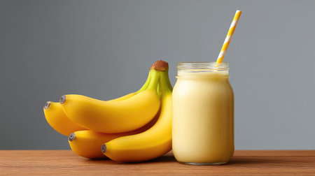 Fresh banana smoothie in clear jar with whole bananas on wooden table and clean backgroundの素材