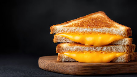 Grilled cheese sandwich cut diagonally with cheese oozing out, served on wooden board with copy spaceの素材