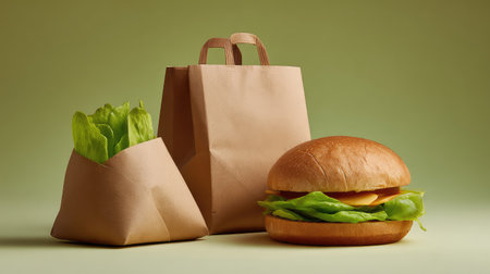 Fast food paper bag meal combo displayed with opened wrappers and food peeking out on clean tableの素材