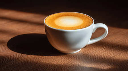 Latte coffee cup on wooden table with natural light casting shadows and room for text or designの素材