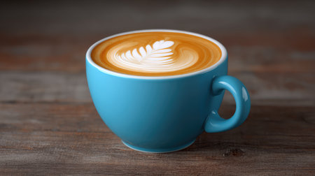 Hot cappuccino with latte art in a ceramic cup placed on wooden table, surrounded by open backgroundの素材