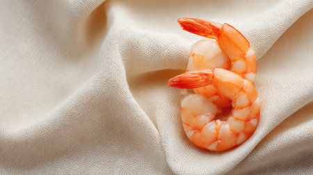 Fresh peeled shrimp lined vertically on textured napkin with white background spaceの素材