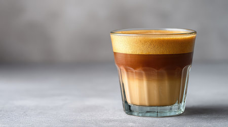 Iced latte in clear glass showing coffee layers on neutral background with copy spaceの素材