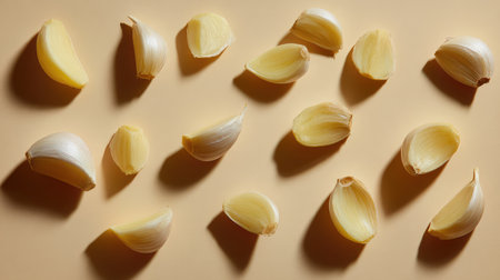 Flat lay of chopped and whole garlic cloves arranged with shadows and ample spaceの素材