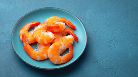 Fresh shrimp with tail curled placed on a simple plate over clean textured backgroundの素材