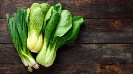 Fresh vegetable bundle including bok choy, green onions, and napa cabbage on rustic wood with spaceの素材