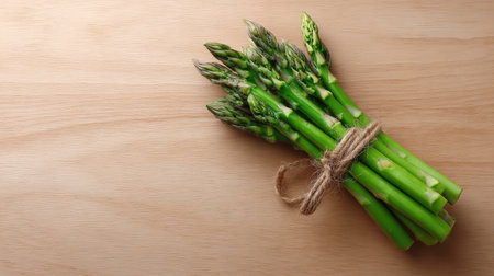 Fresh asparagus spears tied in a bunch with twine, laid diagonally on a clean wooden background with spaceの素材