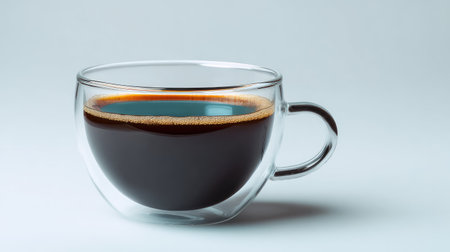 Modern glass coffee cup with black coffee on reflective white table with clean space for overlayの素材