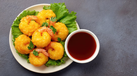Shrimp tempura arranged on white plate with crispy texture, surrounded by layout spaceの素材
