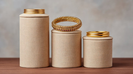 Set of matching gold jewelry pieces displayed in symmetry with a neutral backdrop and spaceの素材