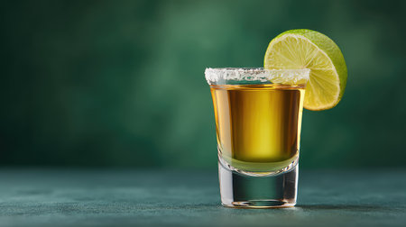 Shot of tequila with lime wedge and salt rim on textured table with copy spaceの素材