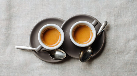 Overhead shot of espresso set with two small cups, saucers, and silver spoons on white linen with clean spaceの素材