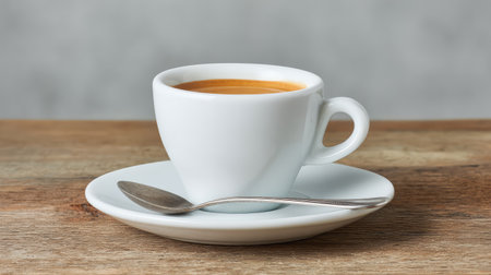 Small ceramic espresso cup and saucer on light wooden surface with silver spoon and empty backgroundの素材