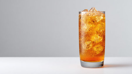 Sparkling soda with ice cubes in a clear glass on white background with condensation and layout spaceの素材