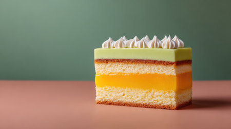 Layered sponge cake with cream frosting on a pastel background with soft shadows and copy spaceの素材