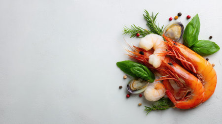 Overhead view of mixed seafood including shrimp with herbs and seasoning on white surface with copy spaceの素材