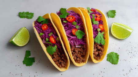 Loaded street-style tacos arranged with lime wedges and scattered toppings on clean surfaceの素材