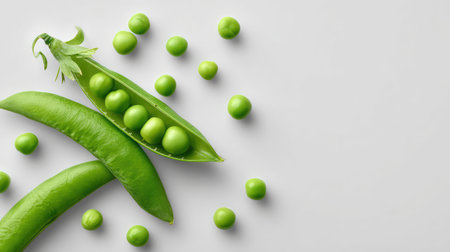 Minimalist setup with green peas in pod and scattered loose peas on white surface and copy spaceの素材
