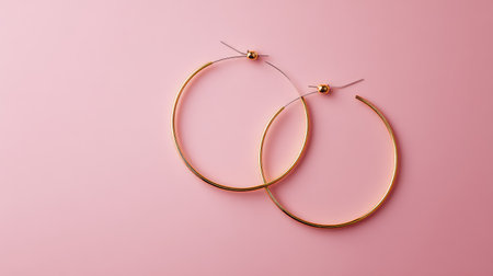Rose gold hoops placed diagonally on pale pastel background with elegant empty spaceの素材