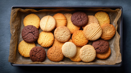 Tray of assorted cookies on parchment paper with some crumbs scattered and ample space for overlayの素材