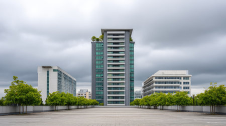 Urban office complex with balconies and green rooftop garden, empty plaza with copy space in foregroundの素材