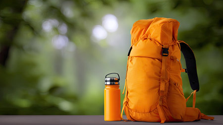A vibrant orange backpack sits next to a matching water bottle on a wooden surface, set against a delightful blurred nature background perfect for outdoor themes.の素材