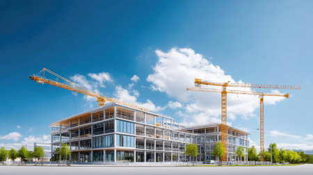 A vibrant construction site featuring modern structures with cranes against a bright blue sky and fluffy clouds, symbolizing progress and innovation.の素材