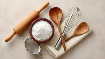 A beautifully arranged set of essential baking tools including flour, rolling pin, wooden spoons, whisk, and strainer on a soft surface to inspire culinary creativity.の素材