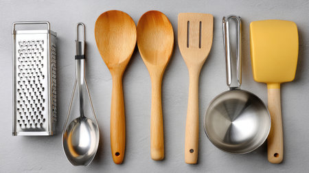 A collection of essential kitchen utensils displayed on a gray surface, featuring a grater, wooden spoons, spatula, and a ladle for culinary tasks.の素材