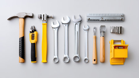 A neat arrangement of essential hand tools on a gray background, perfect for DIY enthusiasts and home improvement projects. Ideal for showcasing craftsmanship.の素材