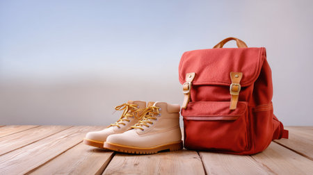 A stylish red backpack paired with trendy hiking boots is elegantly displayed on a wooden surface, creating a relaxed outdoor vibe perfect for travel and adventure lovers.の素材