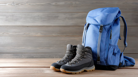 Cozy hiking gear displayed on a warm wooden surface, showcasing a stylish blue backpack and durable gray hiking boots, ideal for outdoor adventures.の素材
