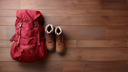 A vibrant red hiking backpack sits beside sturdy brown boots on a wooden floor, symbolizing readiness for outdoor adventures in nature.の素材